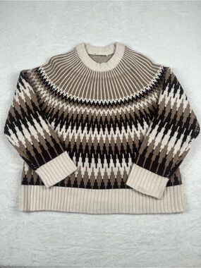 Everlane Fair Isle Crew Wool Sweater Brown Cream XL